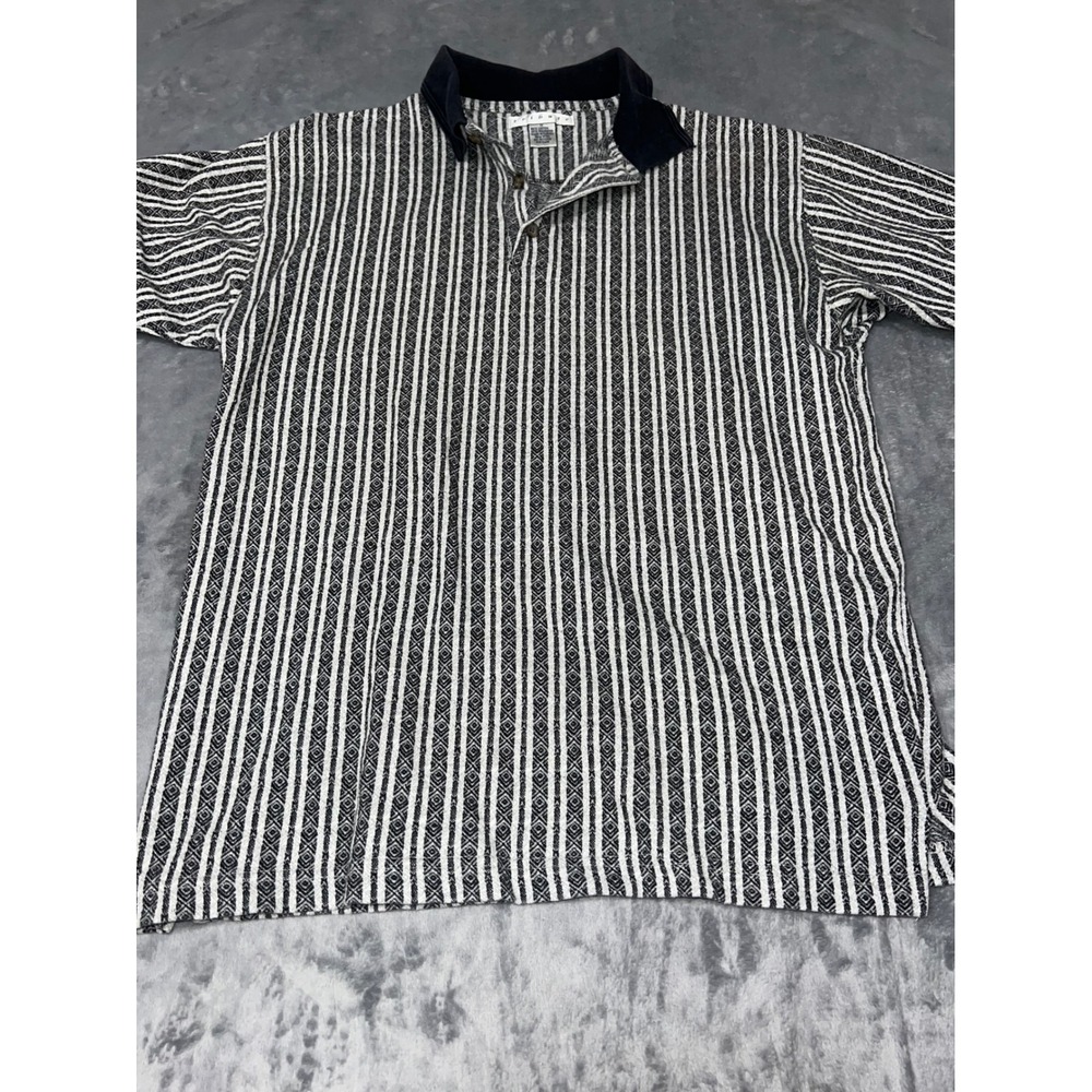 Tribute Mens Geometric Stripe Polo Shirt Black White Short Sleeve Size M